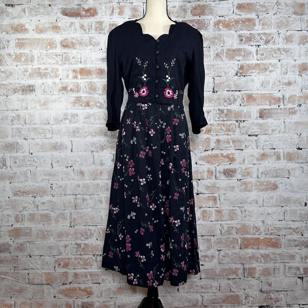 True Vintage 90s Floral 3/4 Sleeve Cardigan Overlay Pleated Tie Waist Midi Dress